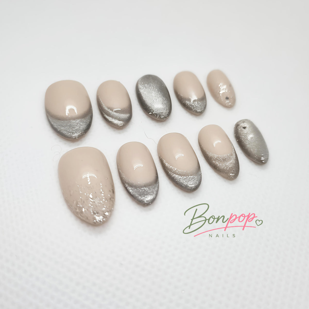 BONPOP Silver Cat Eye French Tips Press-On Nails