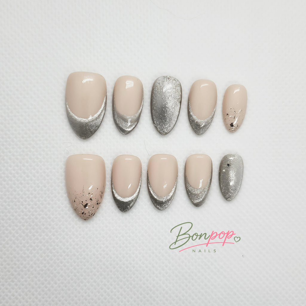 BONPOP Silver Cat Eye French Tips Press-On Nails