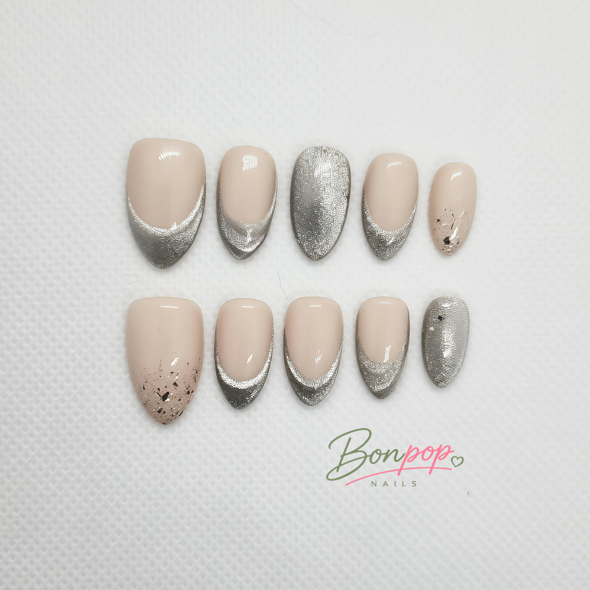 BONPOP Silver Cat Eye French Tips Press-On Nails