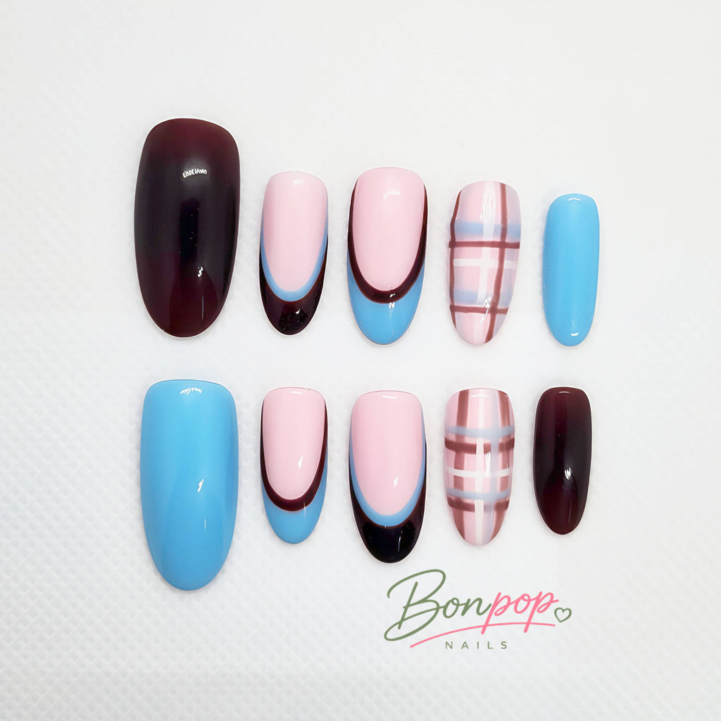 BONPOP Preppy Brown Blue Plaid Nails