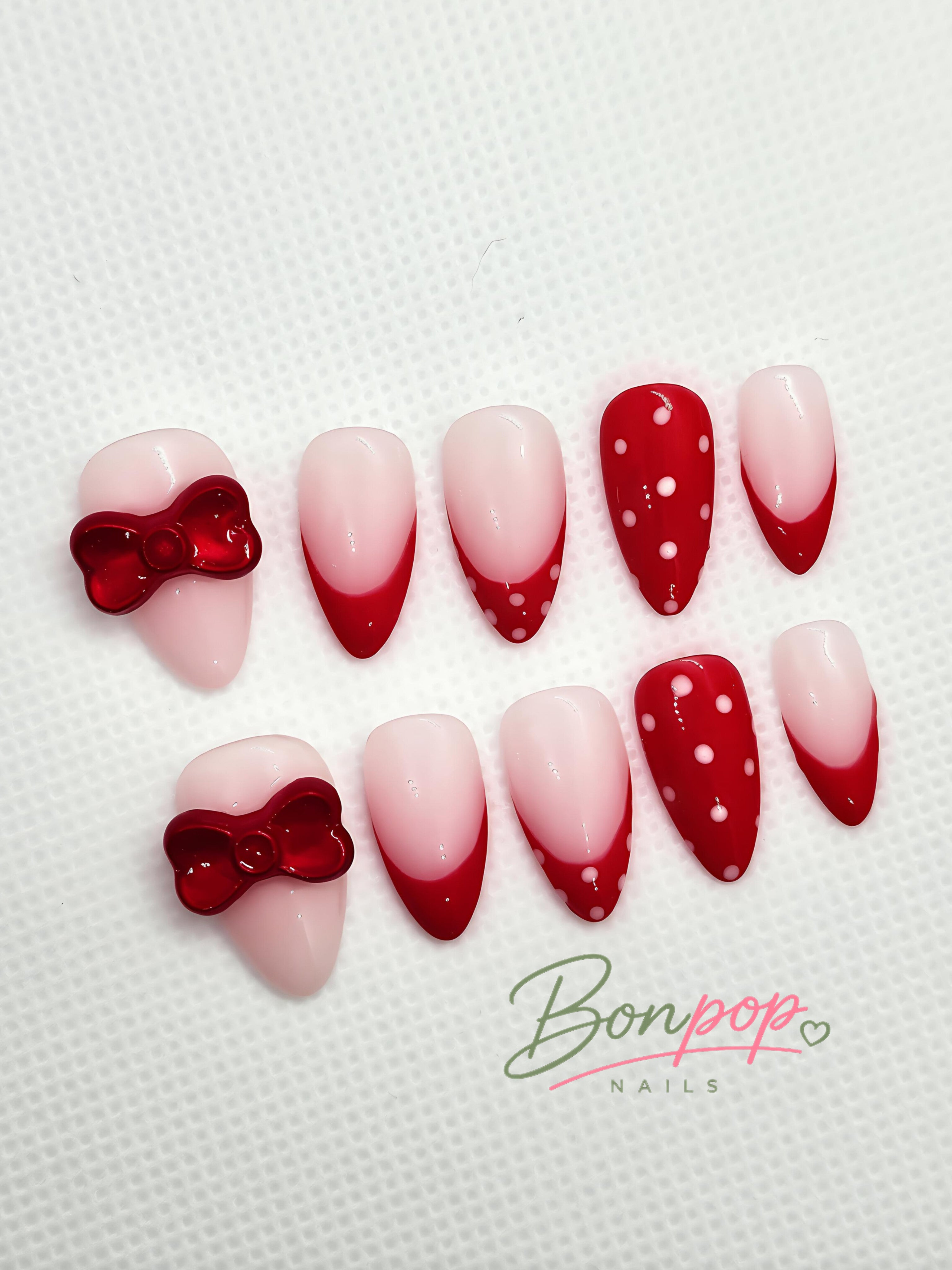 BONPOP's "Cherry Bowties" | Handmade Red French Tip Press-On Nails | Durable and Reusable