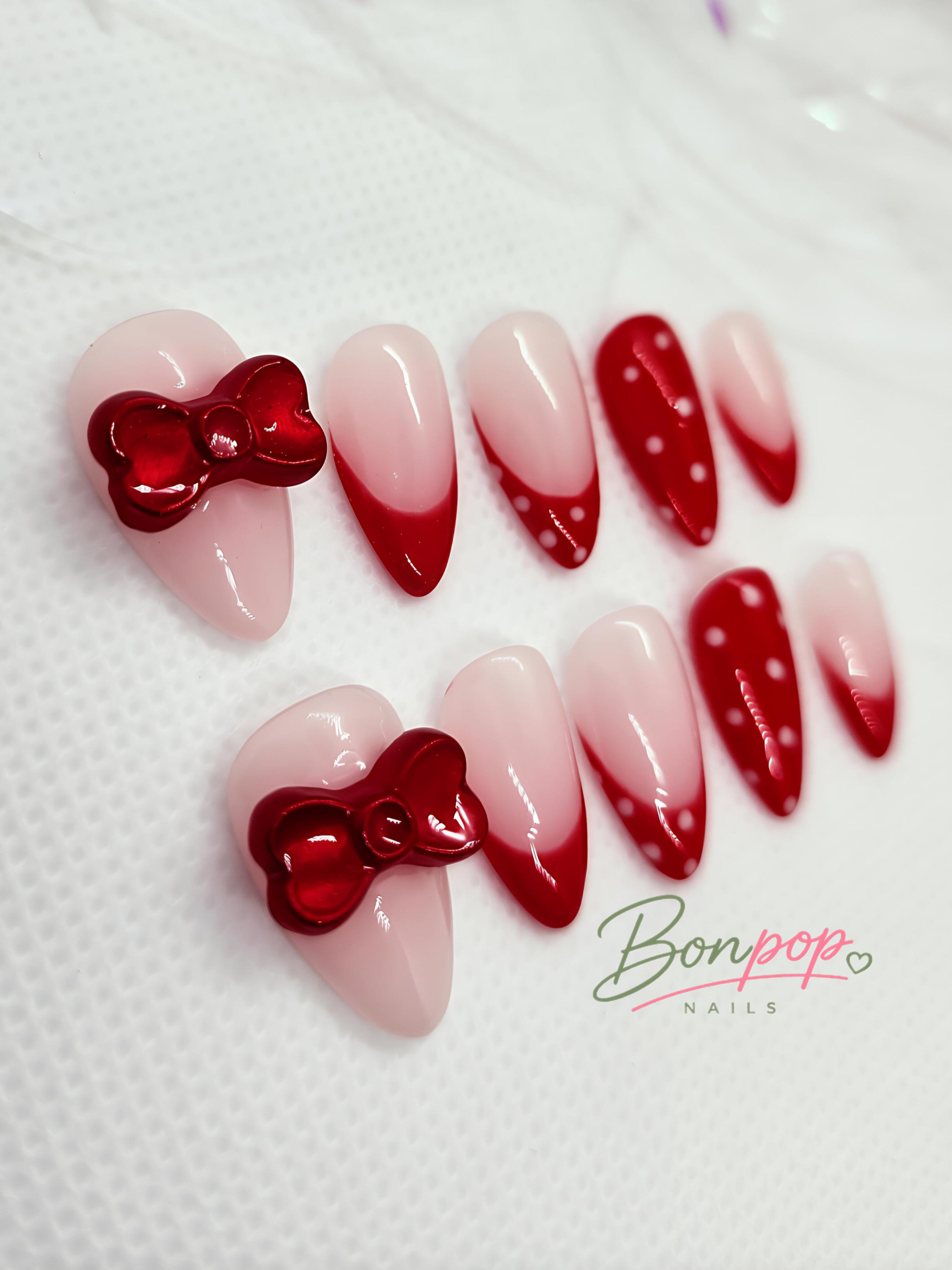 BONPOP's "Cherry Bowties" | Handmade Red French Tip Press-On Nails | Durable and Reusable