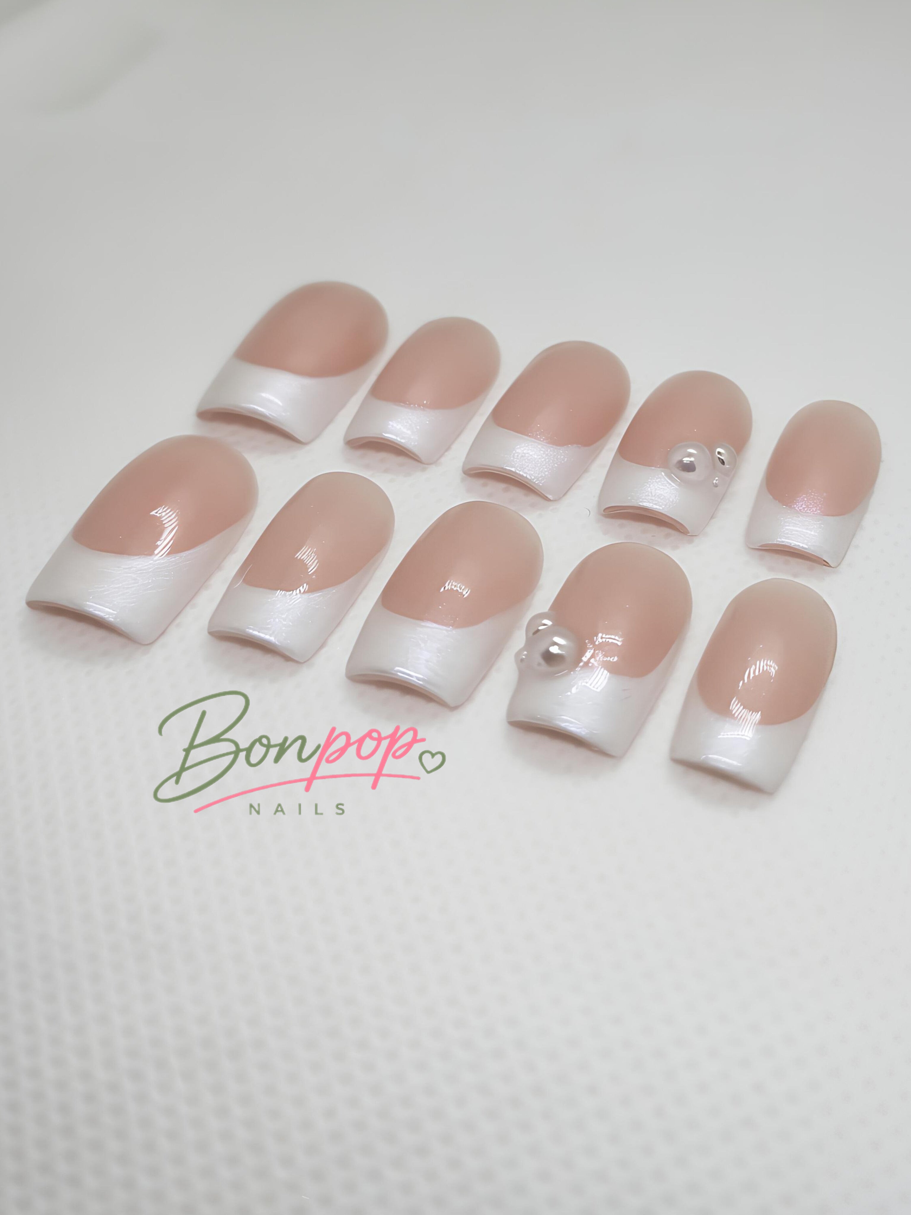 BONPOP's "Mother of Pearls" | Handmade Pearly Chrome French Tip Press-On Nails | Durable and Reusable
