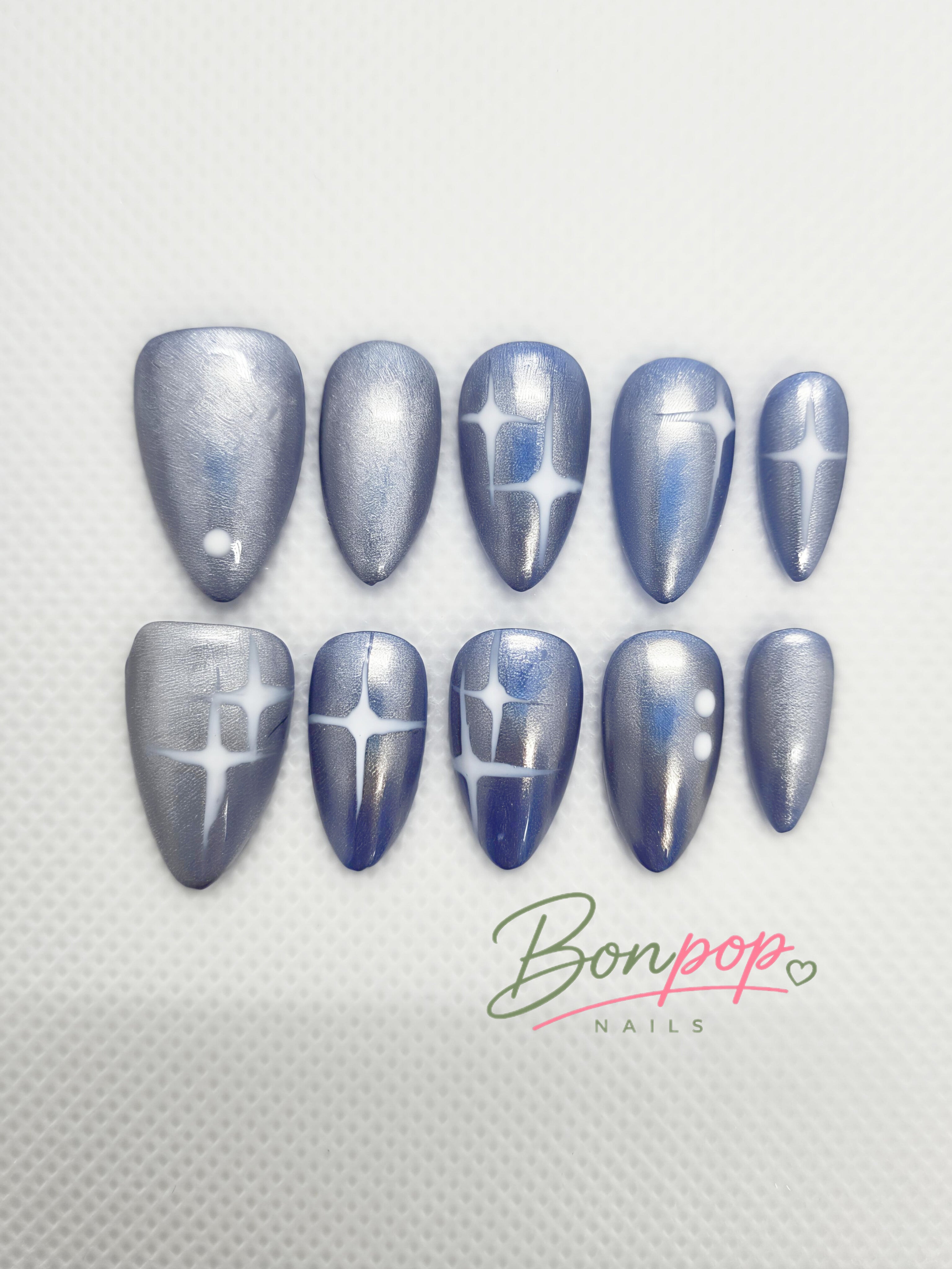 BONPOP's "Silver Starlight" | Handmade Chrome and Star Design Press-On Nails | Durable and Reusable