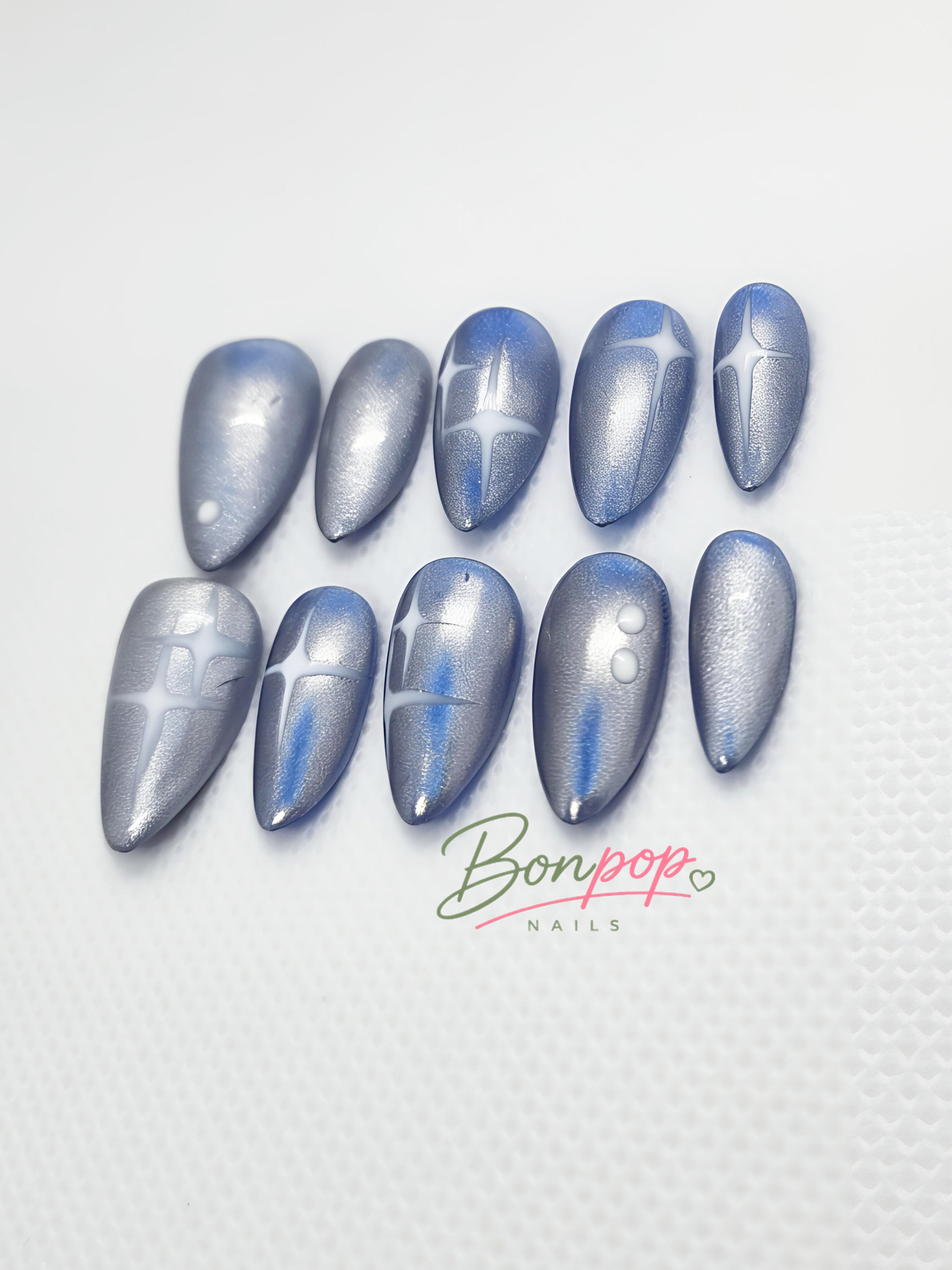 BONPOP's "Silver Starlight" | Handmade Chrome and Star Design Press-On Nails | Durable and Reusable