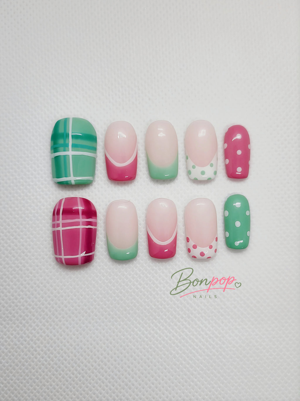 BONPOP's "Summer Melon Pop" | Handmade Plaid & Polka Dot Press-On Nails | Durable and Reusable