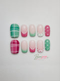 BONPOP's "Summer Melon Pop" | Handmade Plaid & Polka Dot Press-On Nails | Durable and Reusable
