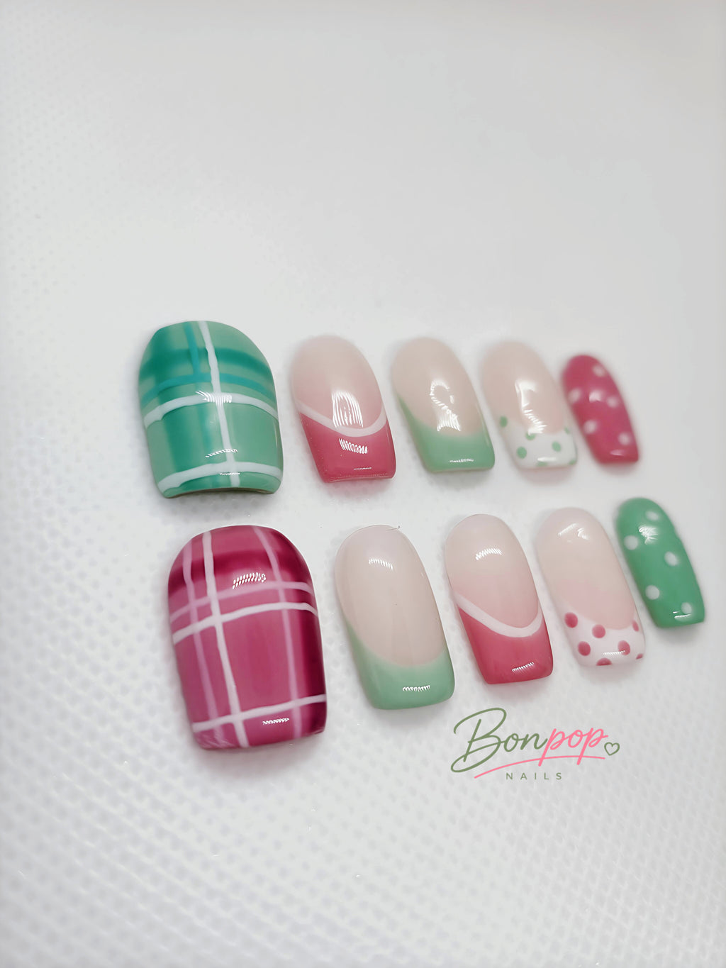 BONPOP's "Summer Melon Pop" | Handmade Plaid & Polka Dot Press-On Nails | Durable and Reusable