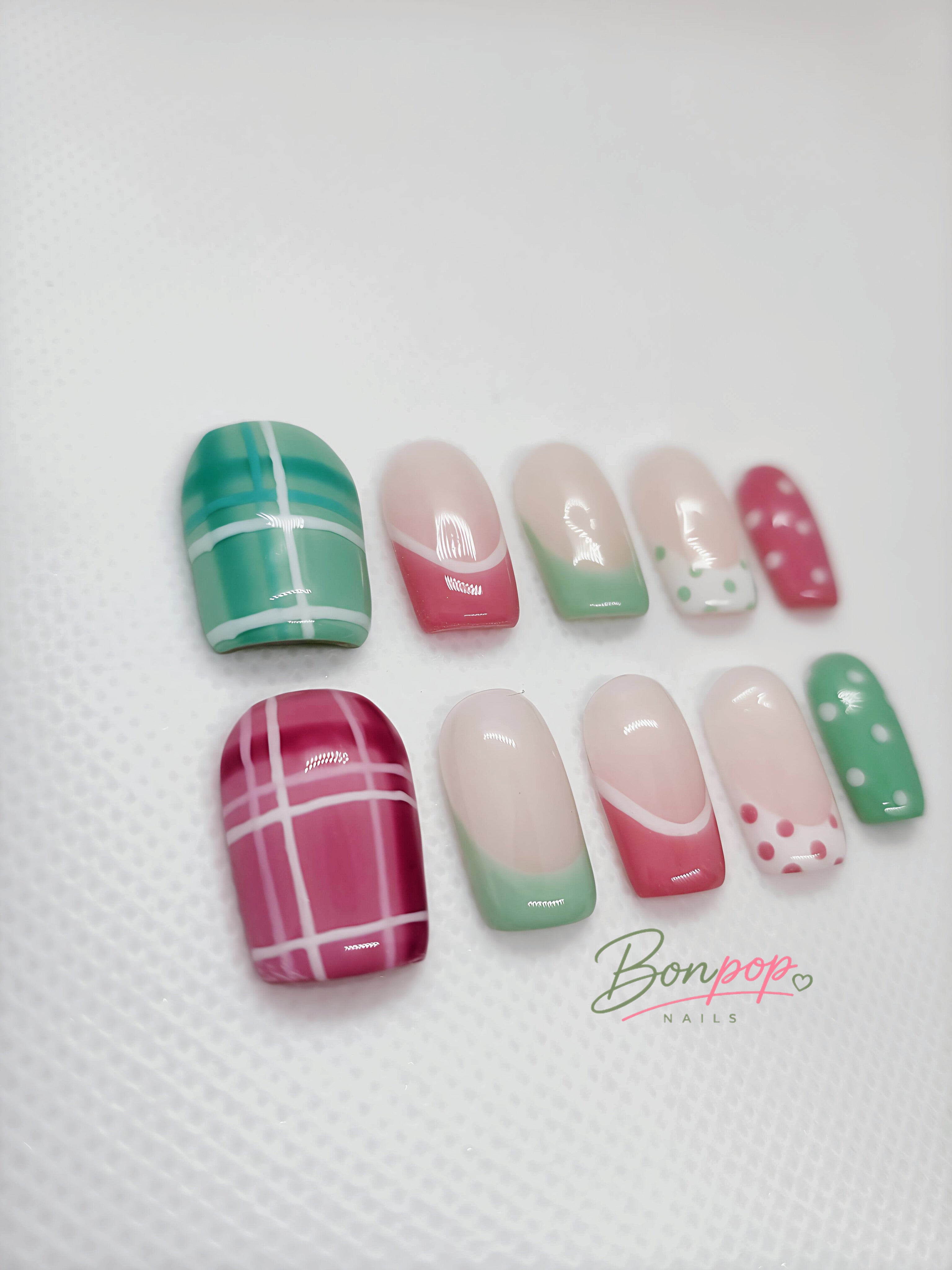 BONPOP's "Summer Melon Pop" | Handmade Plaid & Polka Dot Press-On Nails | Durable and Reusable