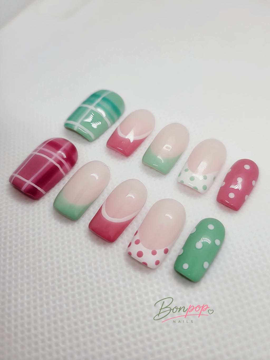 BONPOP's "Summer Melon Pop" | Handmade Plaid & Polka Dot Press-On Nails | Durable and Reusable