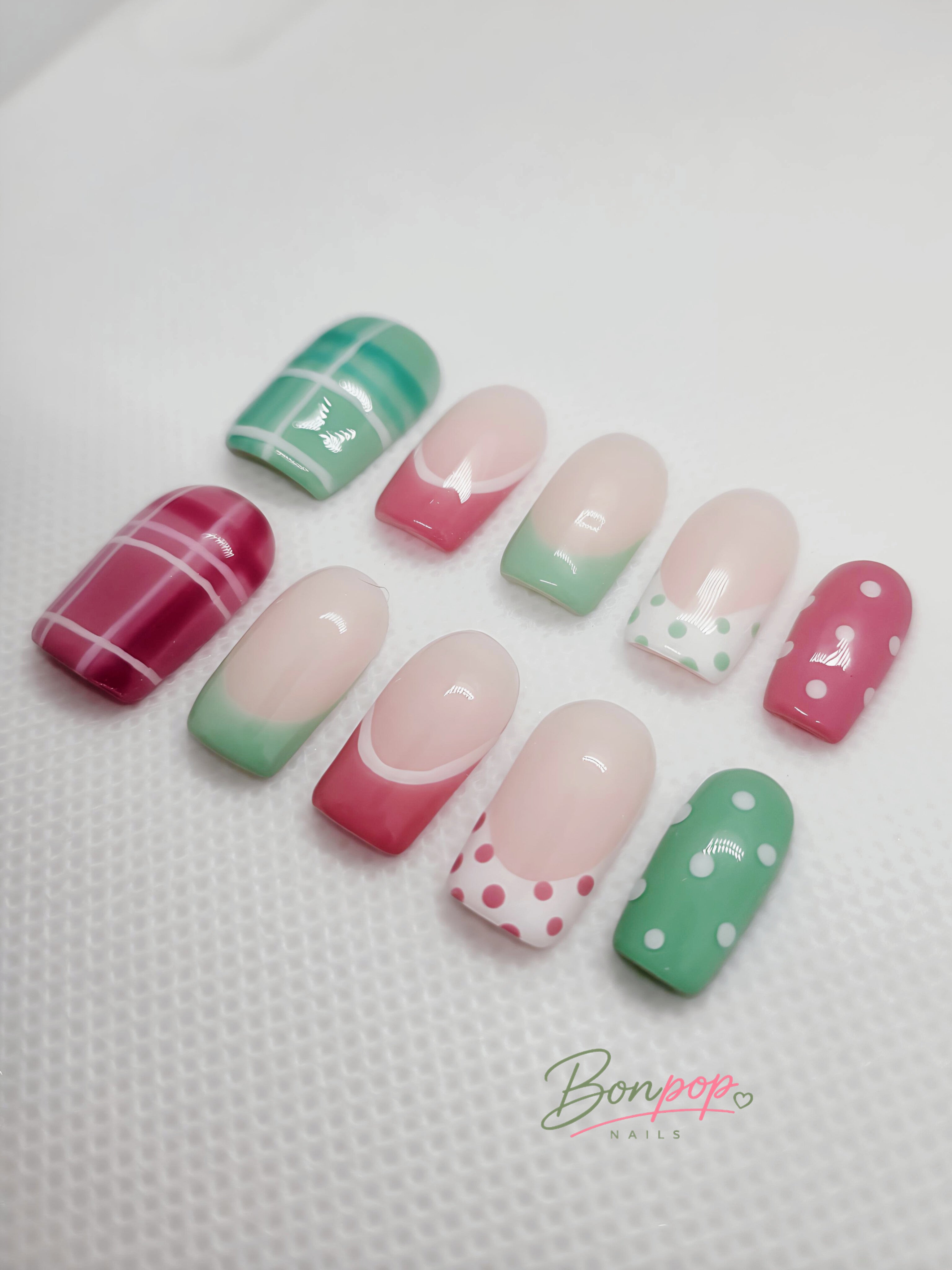 BONPOP's "Summer Melon Pop" | Handmade Plaid & Polka Dot Press-On Nails | Durable and Reusable