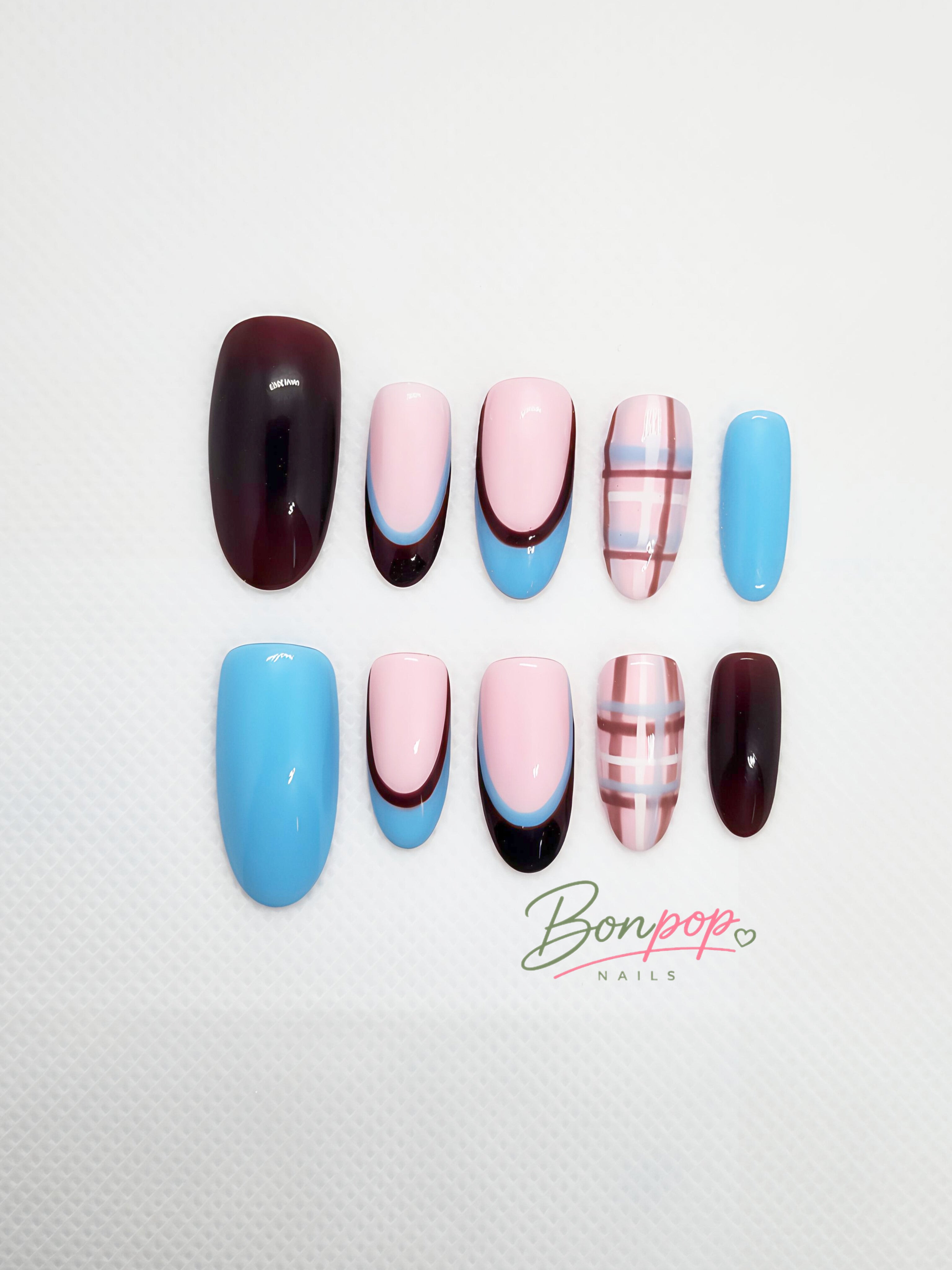 BONPOP's "Pretty Preppy" | Handcrafted Press-on Nails | Durable and Reusable