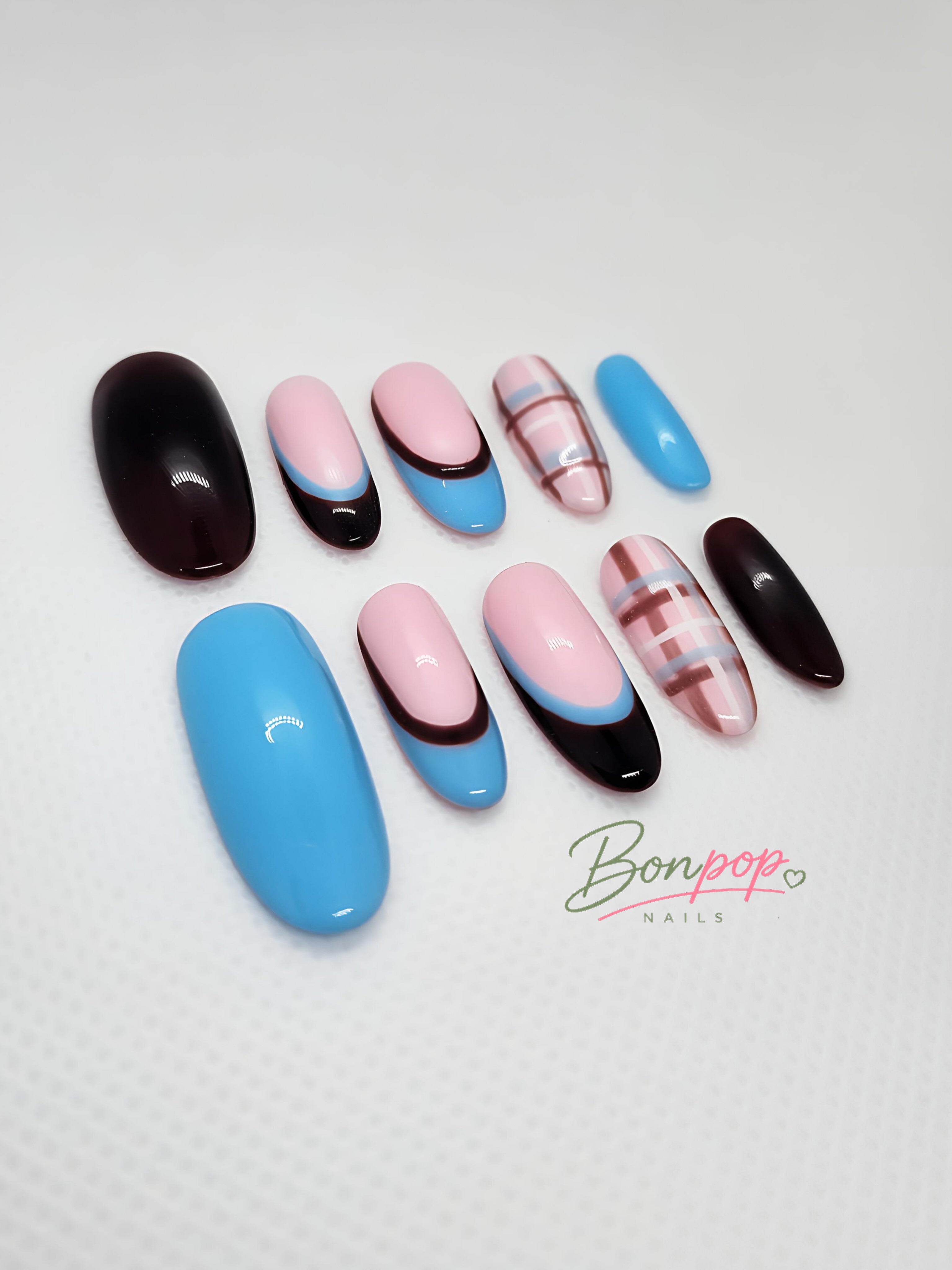 BONPOP's "Pretty Preppy" | Handcrafted Press-on Nails | Durable and Reusable